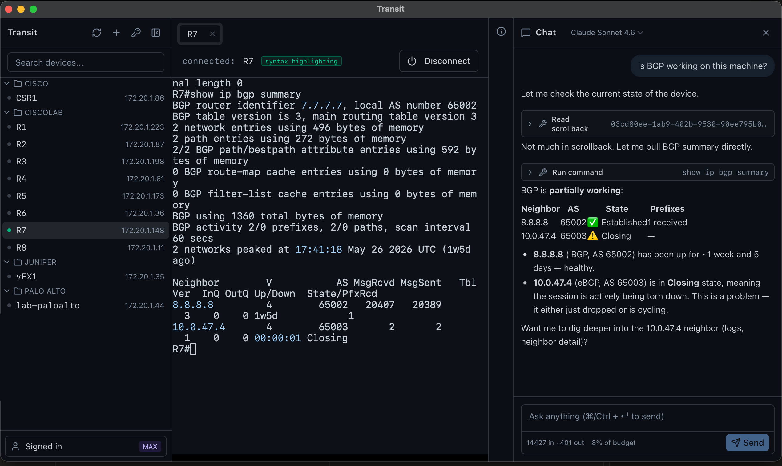 The Transit AI desktop app investigating BGP on router R7: the agent proposes 'show ip bgp summary', an approval dialog shows the command is allowed by the Cisco IOS permit list, and after an explicit Approve click the live terminal shows the output while the investigation-only AI agent reports one BGP neighbor established and one stuck in Closing.